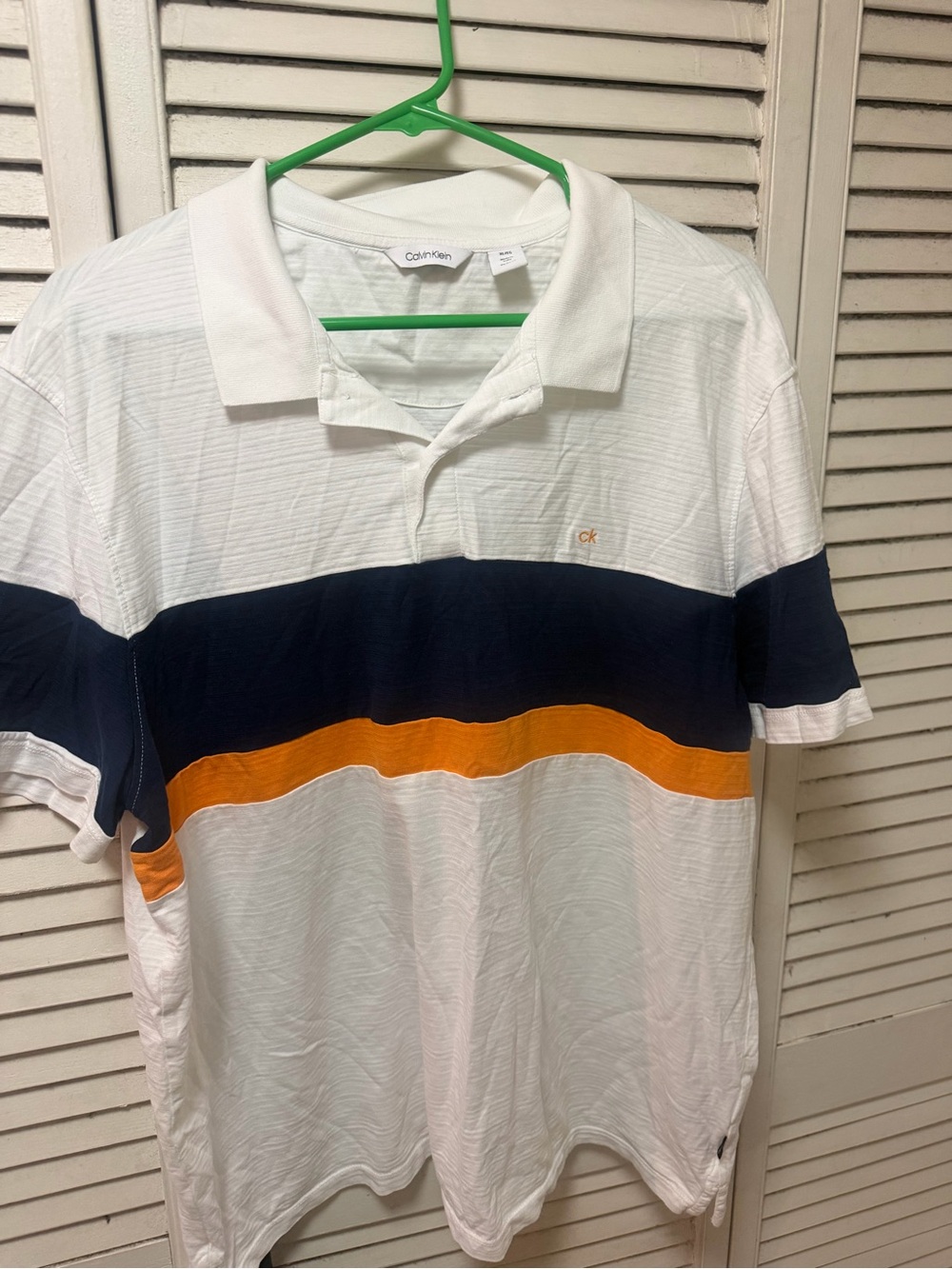 Calvin Klein White Polo with Navy and Orange Stripes